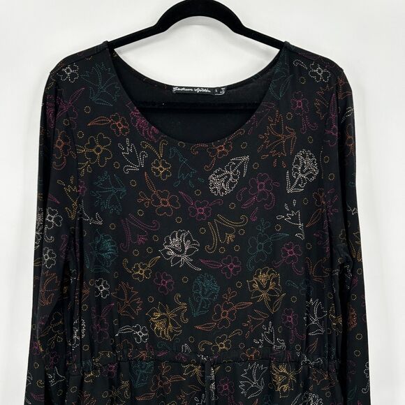 GUDRUN SJODEN Black Colorful Floral Lagenlook Wide Sleeve Waist Tie Dress Large - Picture 3 of 7